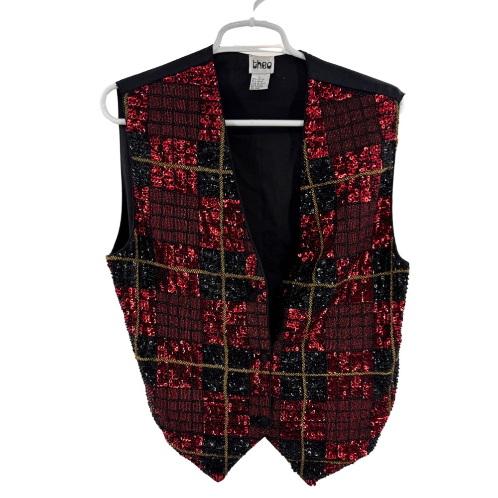 theo Red Sequin Plaid Vest with Gold Accent